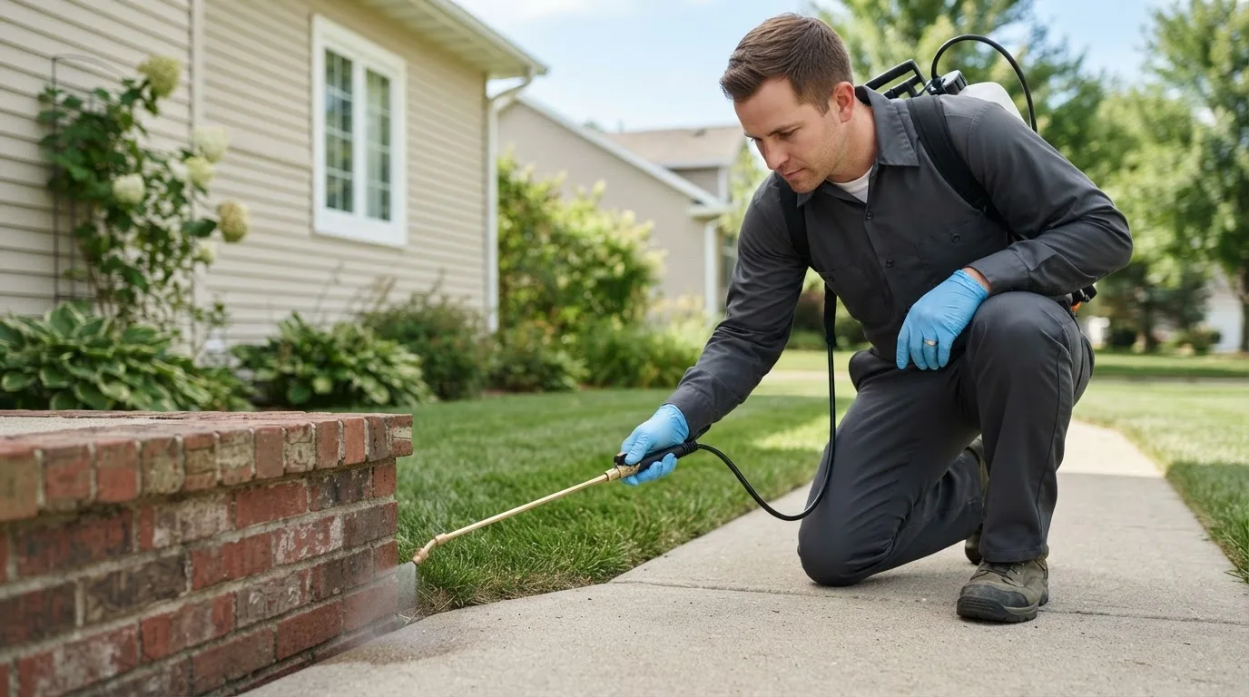 Pest control technician treating a home near Ballwin, MO
